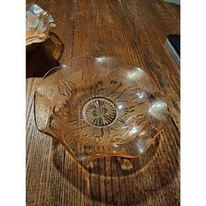 Vintage Jeanette Iris Herringbone Marigold Carnival Glass Ruffled Serving Bowl